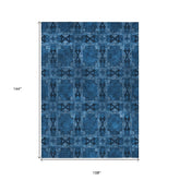 9' X 12' Navy and Gray Floral Medallion Washable Non Skid Indoor Outdoor Area Rug